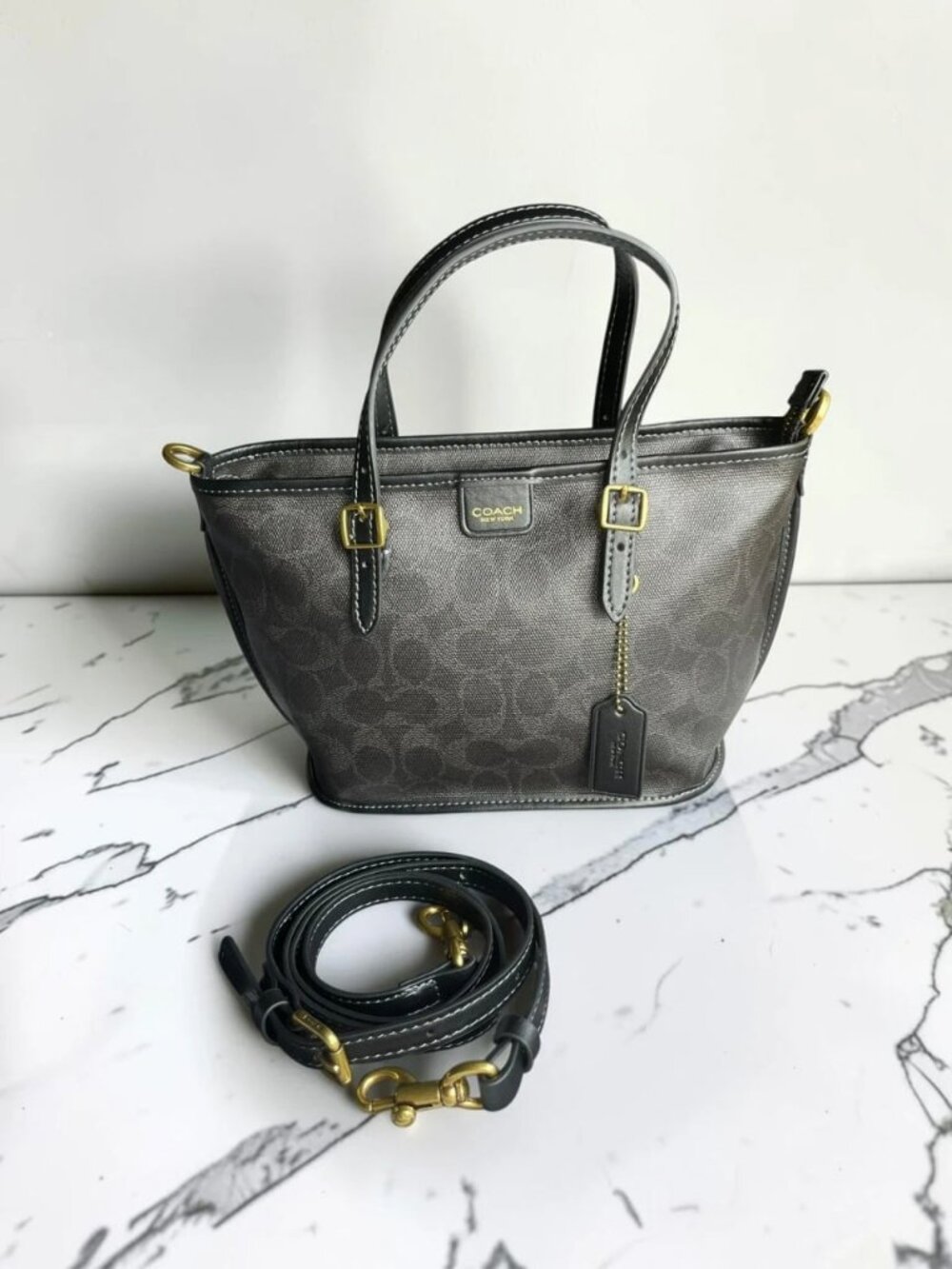 Coach Mini Tote Signature Canvas Bag with Crossbody Strap, Grey/Black